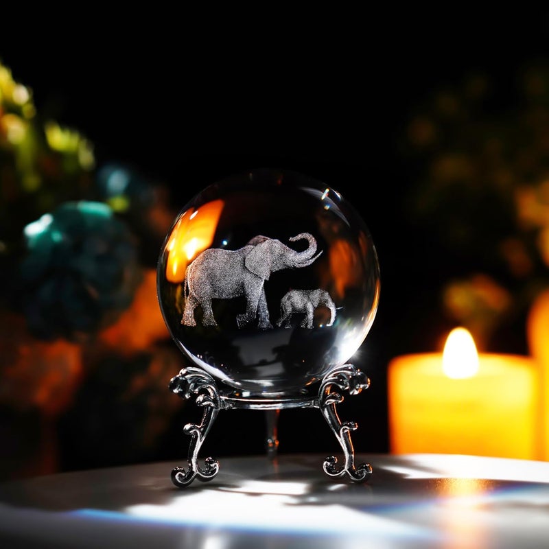 ZEERSHEE 60mm 3D Glass Laser Engraved Mother Son Elephants Crystal Ball with Stand Decorative Sphere Elephant Gifts for Women - Image 2